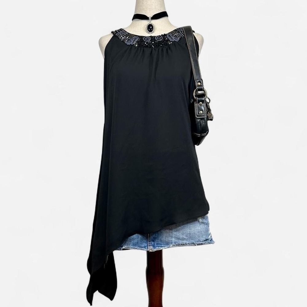 Y2K Black Asymmetrical Embellished Tunic Top Womens S Whimsigoth Fairycore